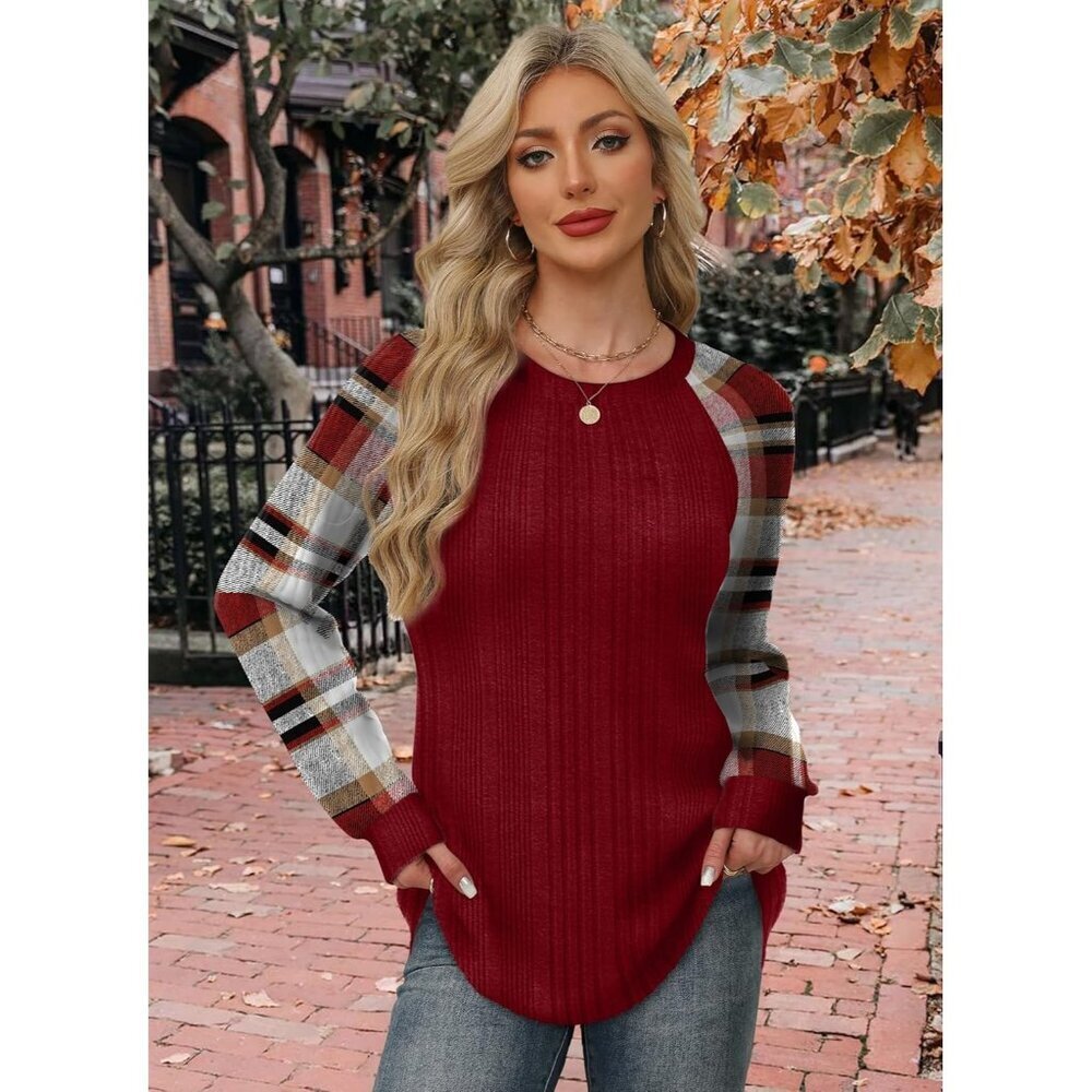 Women's Red Plaid Stripes Color Block Long Sleeve Shirt Lightweight Sweater - Picture 3 of 5
